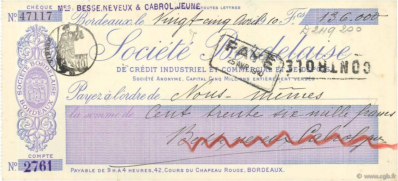 136000 Francs FRANCE regionalism and miscellaneous Bordeaux 1910 DOC.Chèque XF