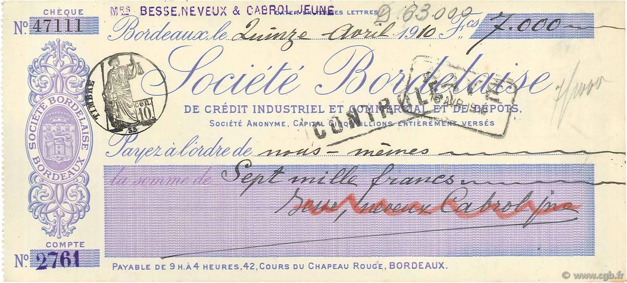 7000 Francs FRANCE regionalismo y varios Bordeaux 1910 DOC.Chèque EBC