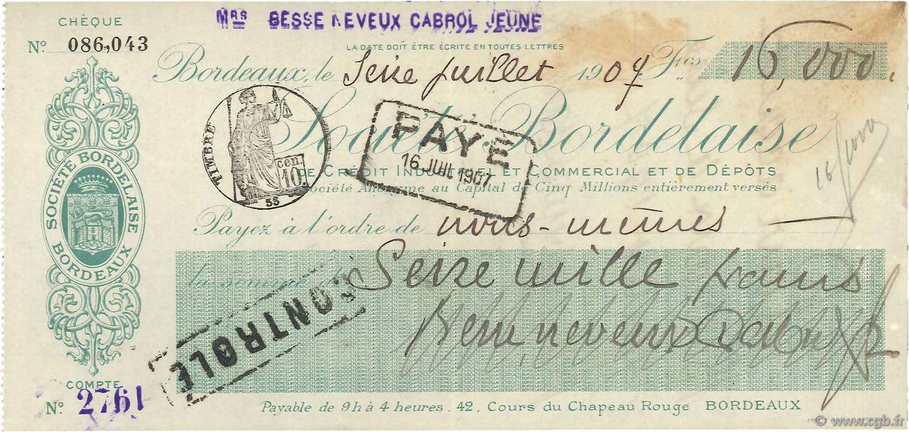 16000 Francs FRANCE Regionalismus und verschiedenen Bordeaux 1907 DOC.Chèque VZ