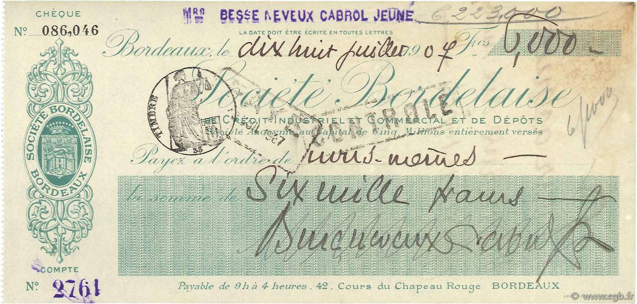 6000 Francs FRANCE regionalismo y varios Bordeaux 1907 DOC.Chèque EBC