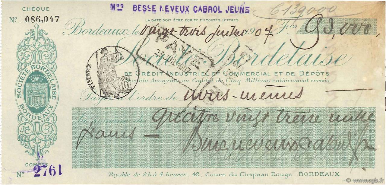 93000 Francs FRANCE régionalisme et divers Bordeaux 1907 DOC.Chèque SUP