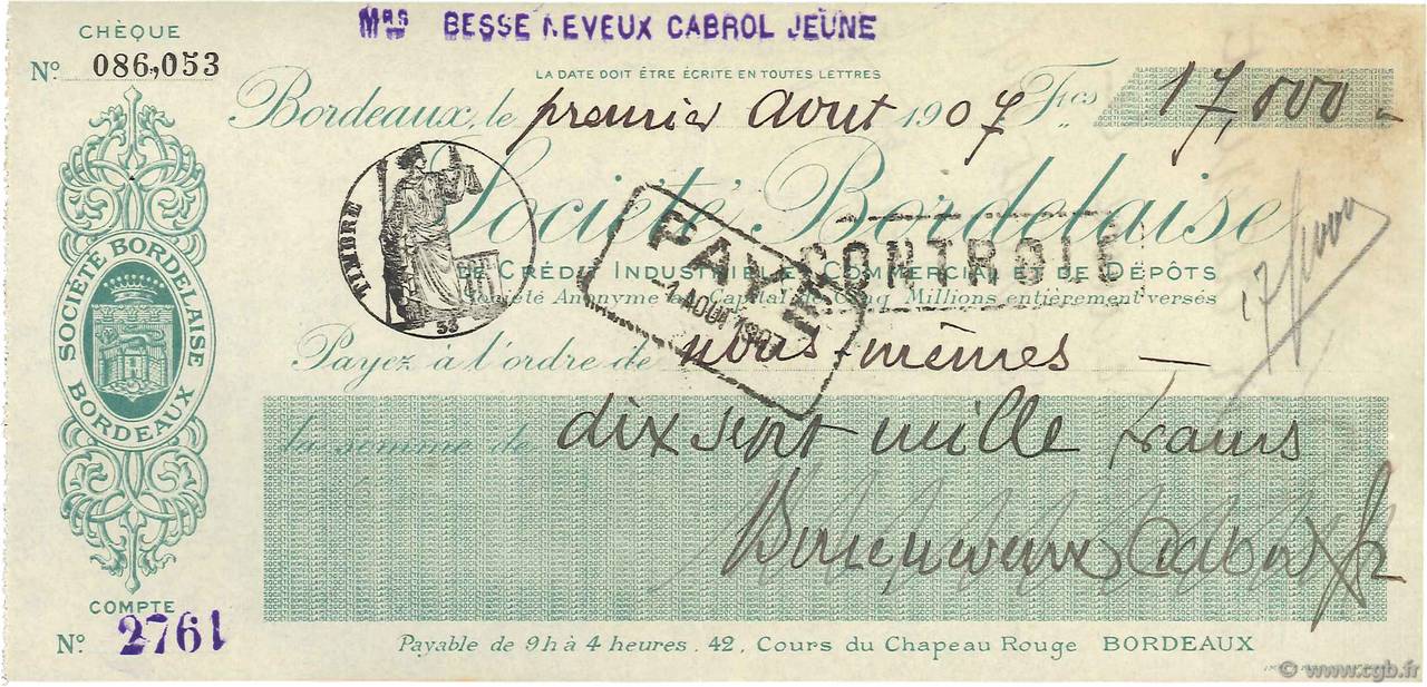 17000 Francs FRANCE regionalismo y varios Bordeaux 1907 DOC.Chèque EBC