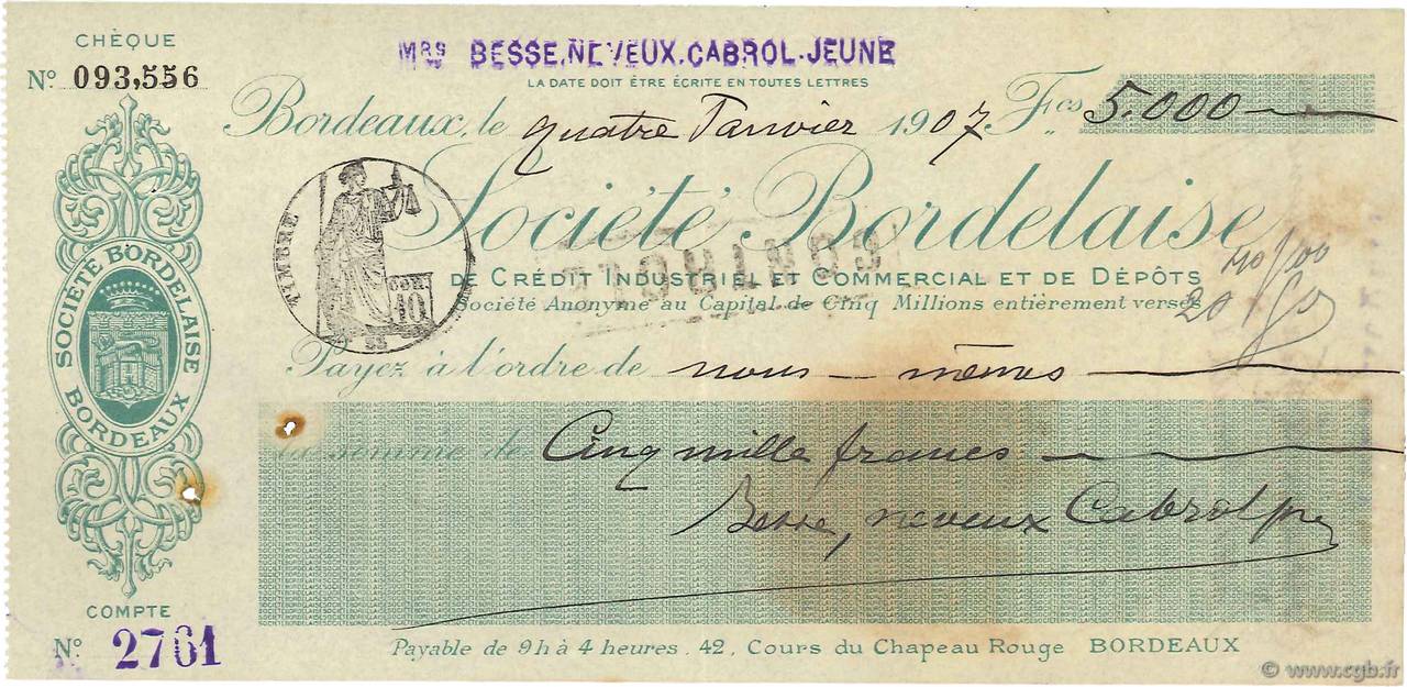 5000 Francs FRANCE regionalism and various Bordeaux 1907 DOC.Chèque VF