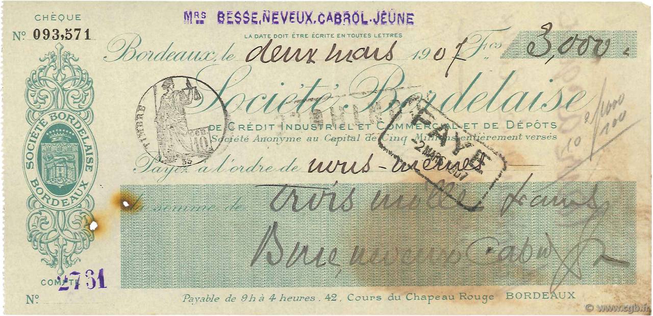 3000 Francs FRANCE regionalismo y varios Bordeaux 1907 DOC.Chèque MBC