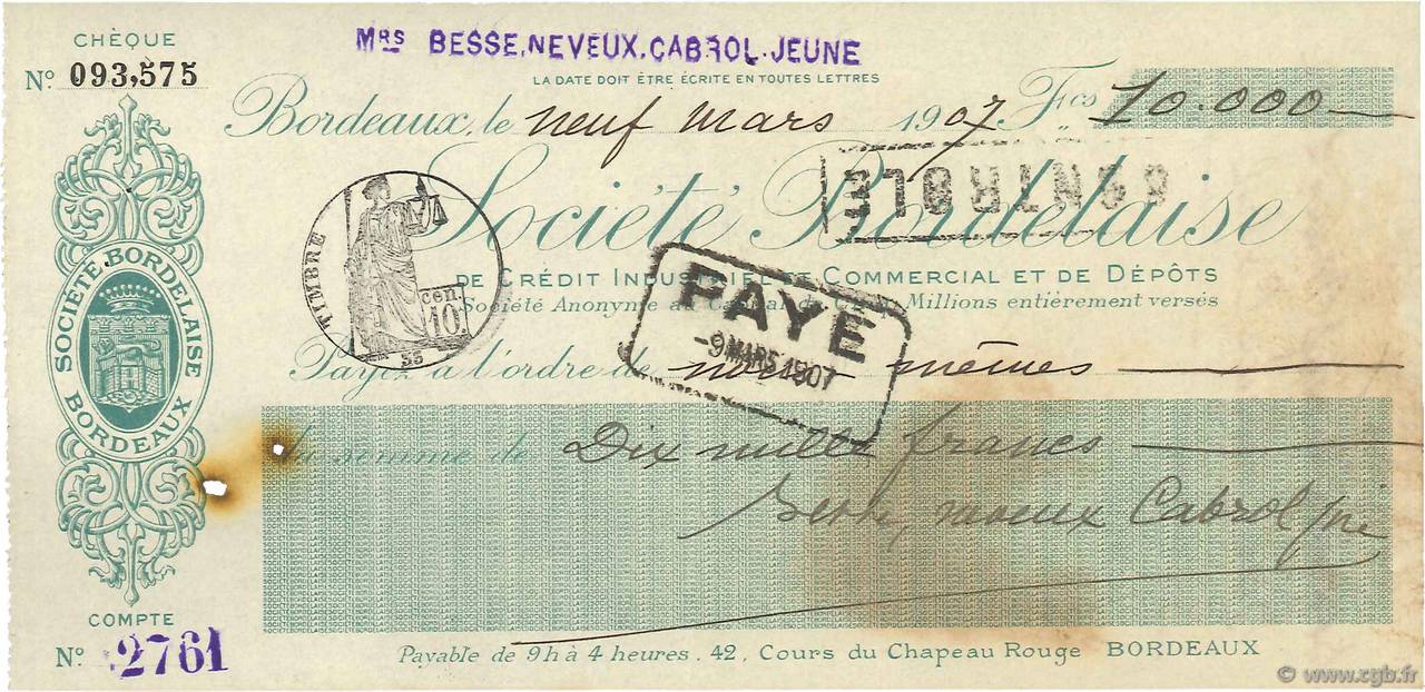 10000 Francs FRANCE regionalismo y varios Bordeaux 1907 DOC.Chèque MBC