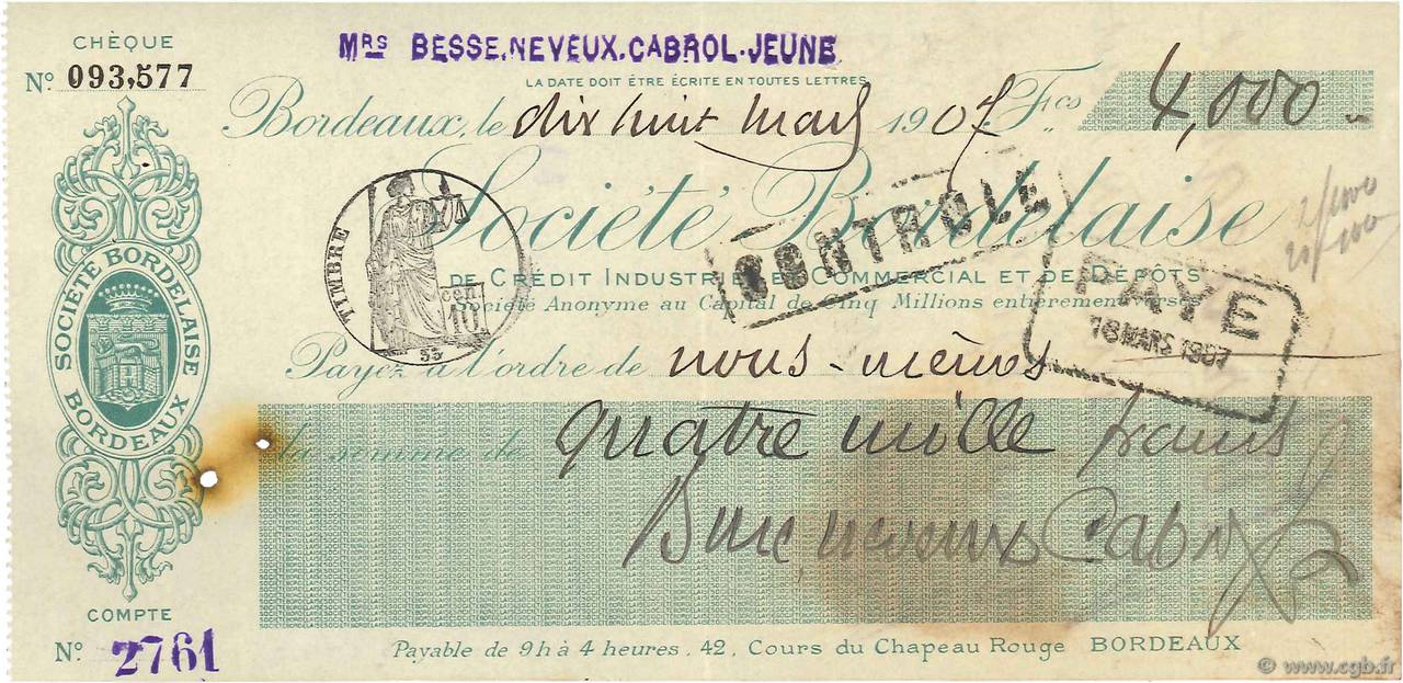 4000 Francs FRANCE régionalisme et divers Bordeaux 1907 DOC.Chèque TTB
