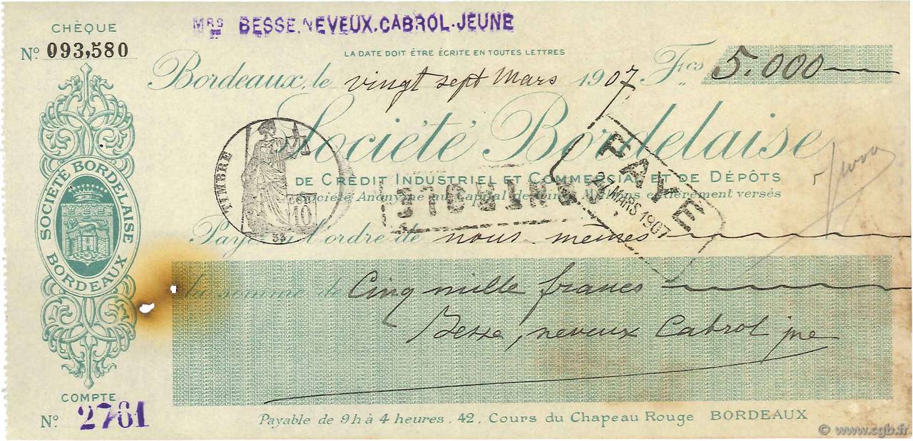 5000 Francs FRANCE regionalismo y varios Bordeaux 1907 DOC.Chèque MBC
