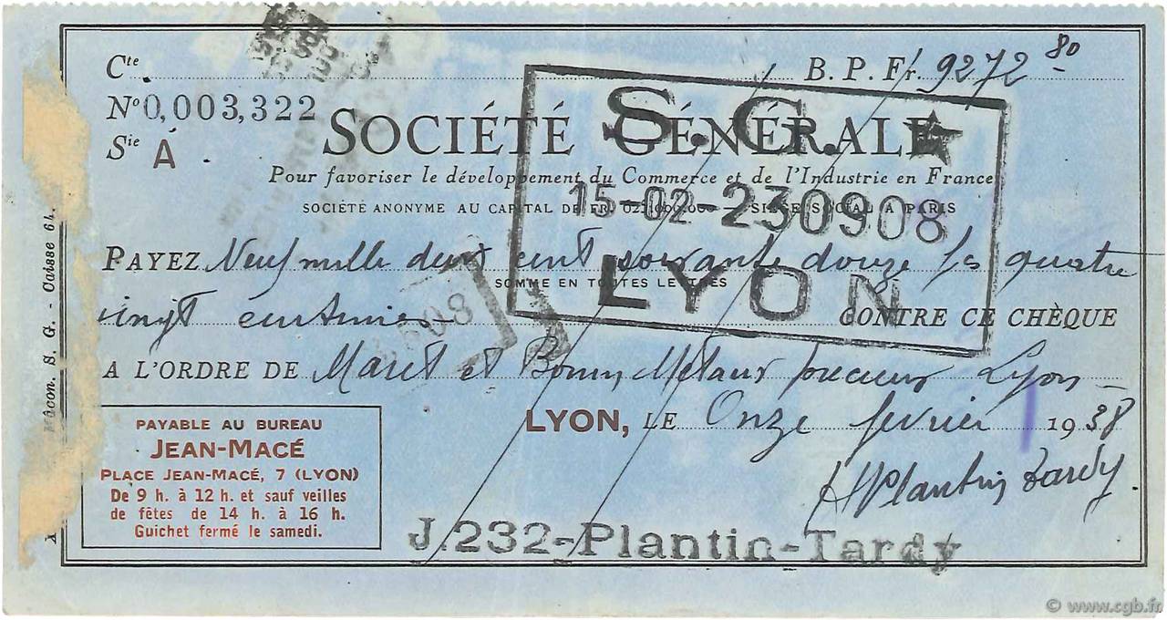 9272,80 Francs FRANCE regionalismo y varios Lyon 1938 DOC.Chèque MBC