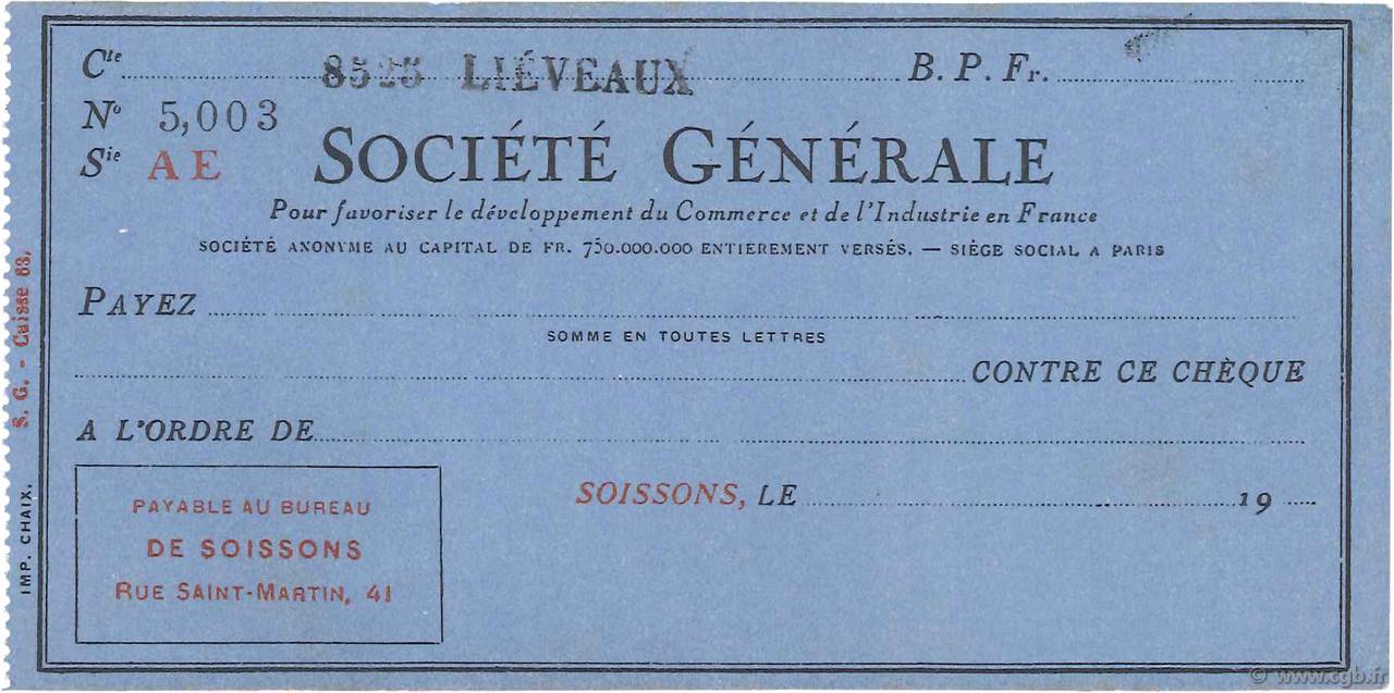 Francs FRANCE regionalismo e varie Soissons 1943 DOC.Chèque SPL
