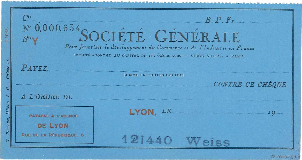 Francs FRANCE Regionalismus und verschiedenen Lyon 1943 DOC.Chèque VZ