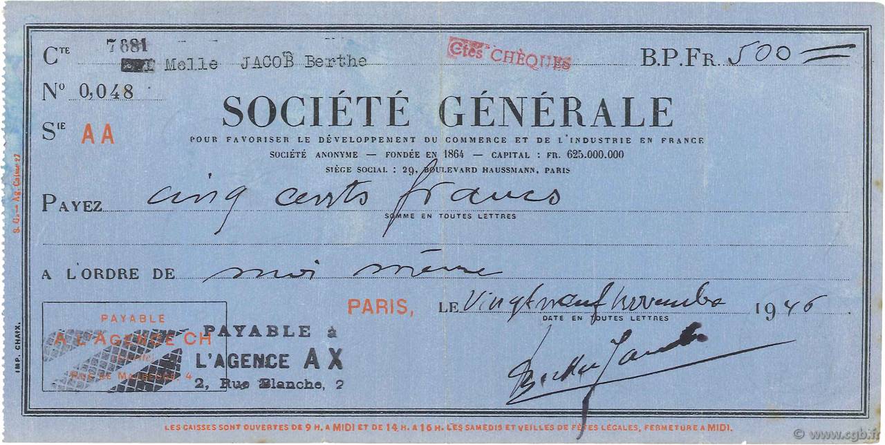 500 Francs FRANCE regionalism and various Paris 1946 DOC.Chèque VF