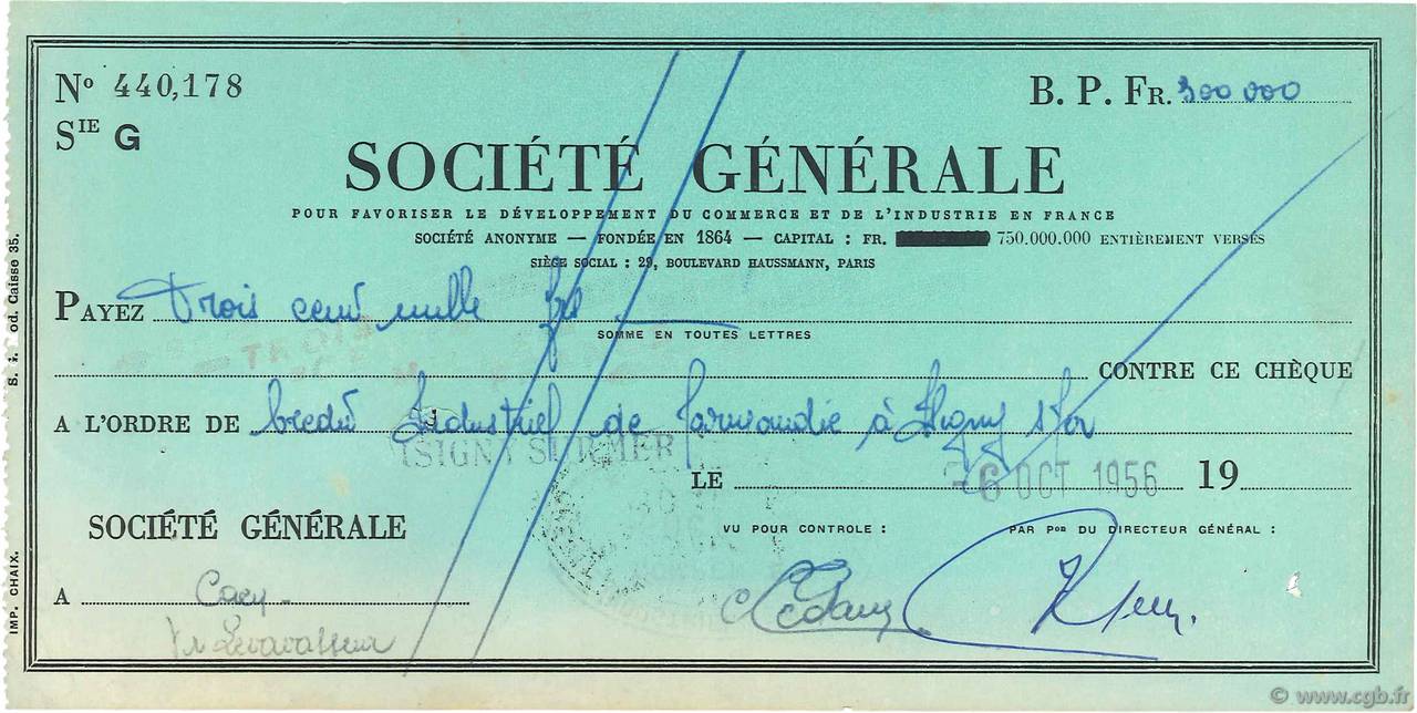 300000 Francs FRANCE regionalismo y varios Isigny-Sur-Mer 1956 DOC.Chèque MBC