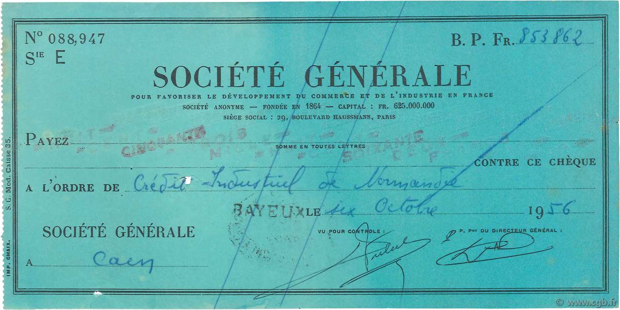 853862 Francs FRANCE regionalism and various Bayeux 1956 DOC.Chèque VF