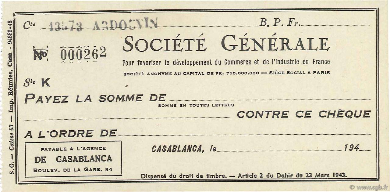 Francs FRANCE regionalism and various Casablanca 1943 DOC.Chèque AU