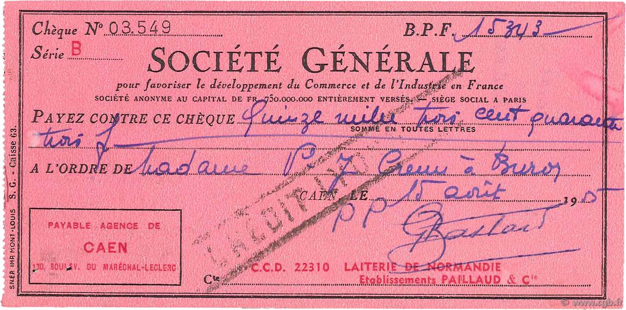 15343 Francs FRANCE regionalism and various Caen 1955 DOC.Chèque XF