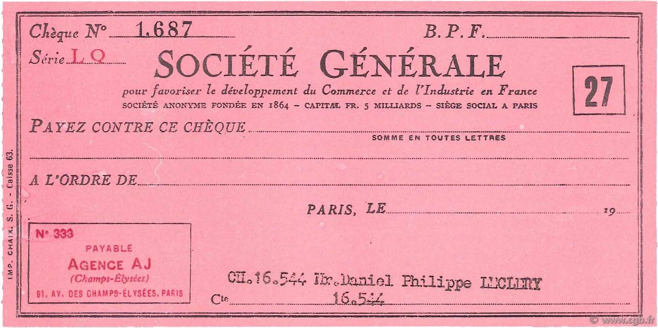 Francs FRANCE Regionalismus und verschiedenen Paris 1960 DOC.Chèque VZ