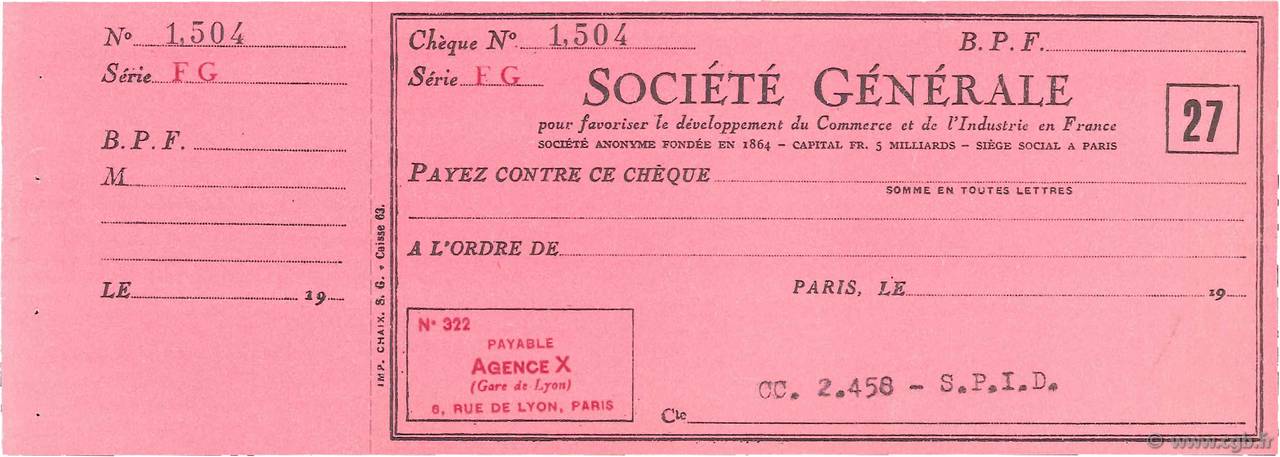 Francs FRANCE regionalismo e varie Paris 1960 DOC.Chèque SPL