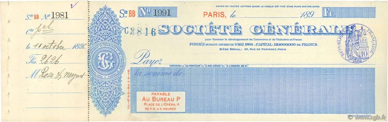 Francs FRANCE regionalism and various Paris 1896 DOC.Chèque XF