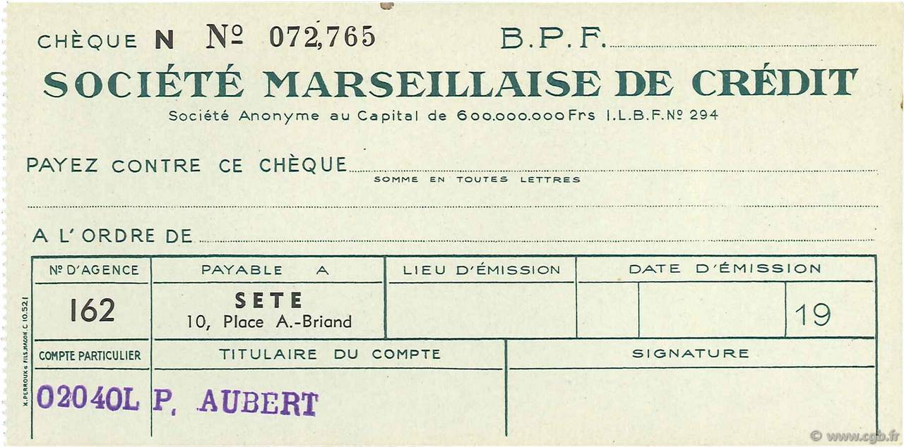 Francs FRANCE Regionalismus und verschiedenen Sete 1943 DOC.Chèque VZ