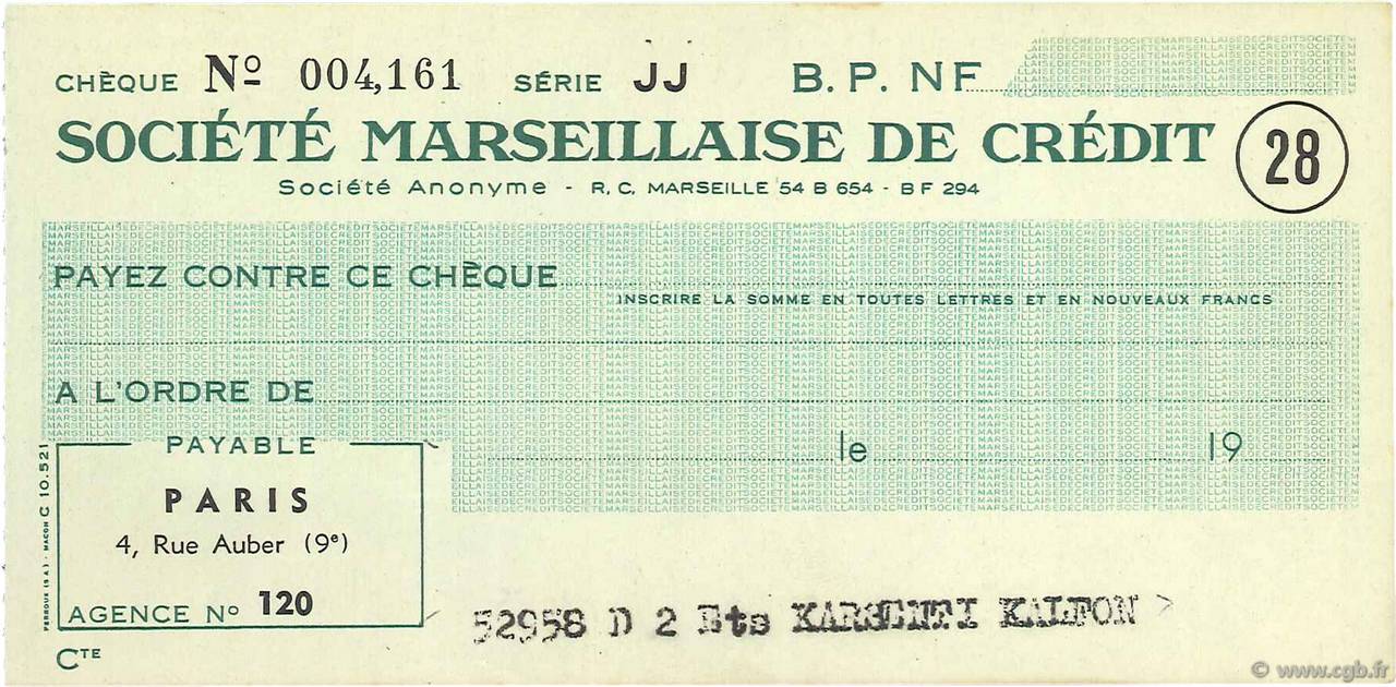 Francs FRANCE regionalismo y varios Paris 1960 DOC.Chèque EBC