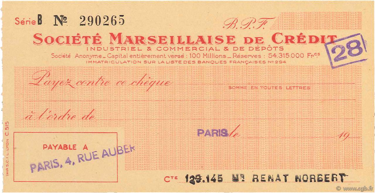 Francs FRANCE regionalism and miscellaneous Paris 1943 DOC.Chèque AU