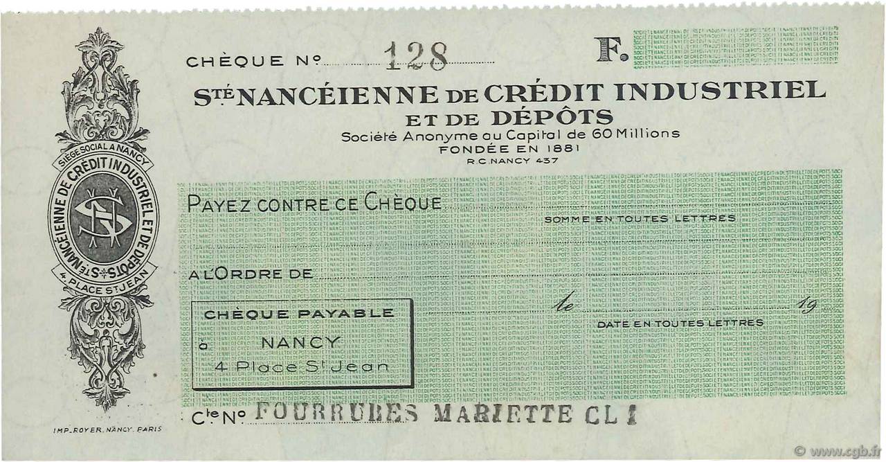 Francs FRANCE regionalism and various Nancy 1933 DOC.Chèque XF