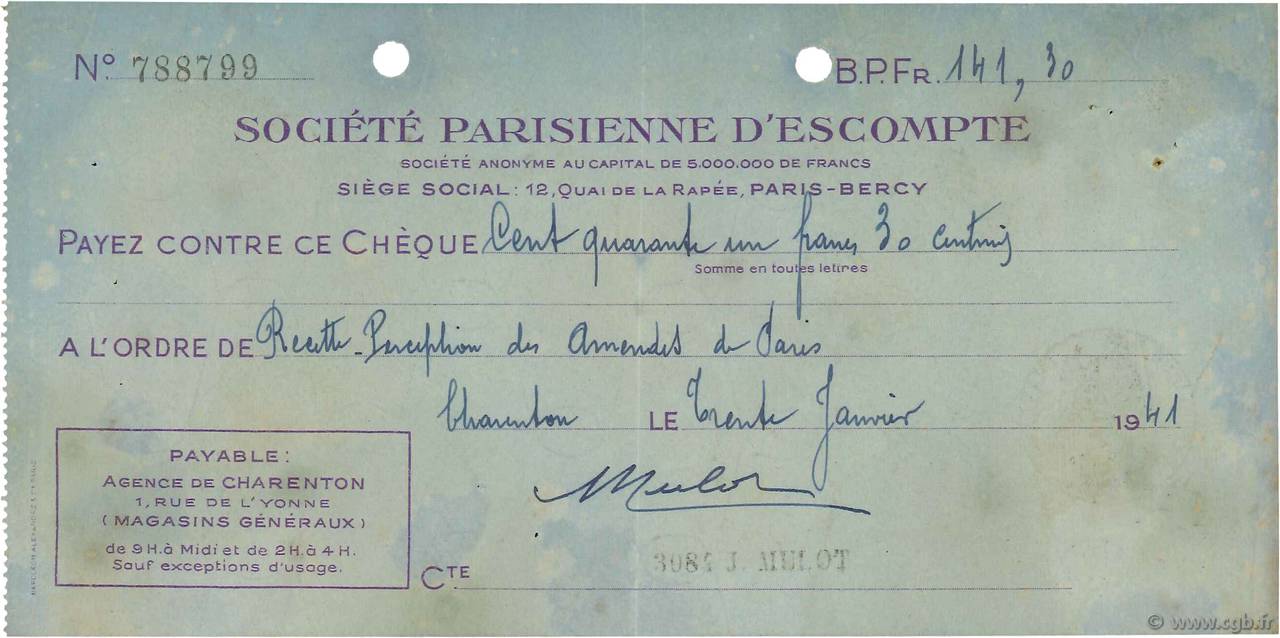 141,30 Francs FRANCE regionalismo y varios Charenton 1941 DOC.Chèque MBC