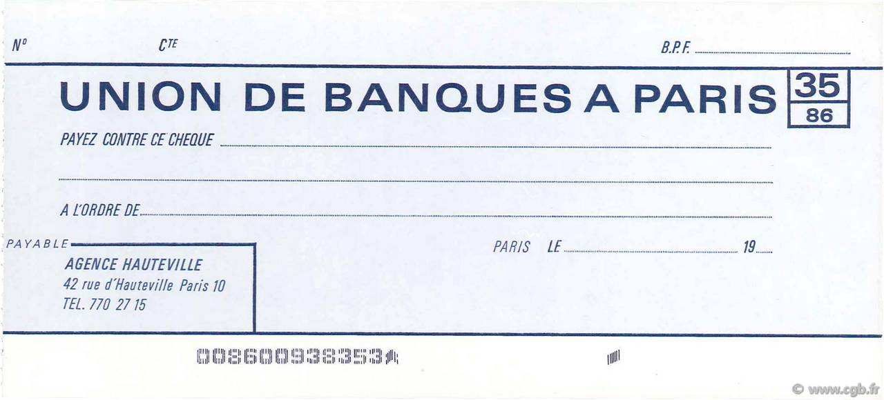 Francs FRANCE regionalism and various Paris 1959 DOC.Chèque AU