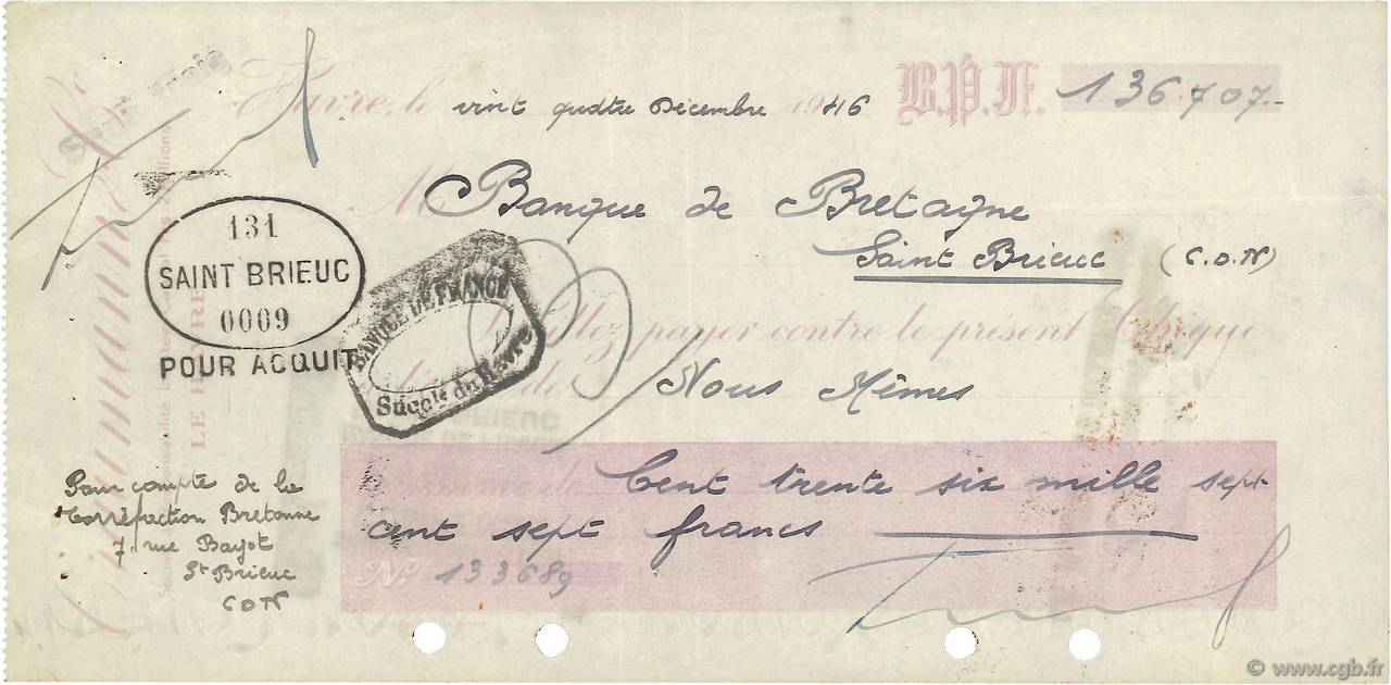 136707 Francs FRANCE regionalismo y varios Saint-Brieuc 1946 DOC.Chèque MBC