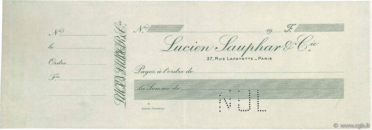 Francs Non émis FRANCE régionalisme et divers Paris 1900 DOC.Chèque SUP