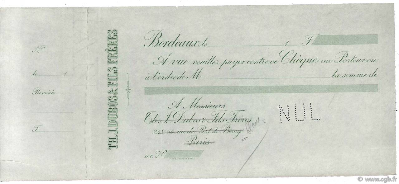 Francs Non émis FRANCE regionalism and miscellaneous Bordeaux 1880 DOC.Chèque XF