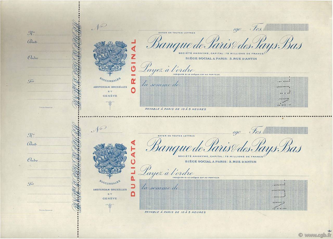Francs Planche FRANCE regionalismo y varios Paris 1900 DOC.Chèque EBC