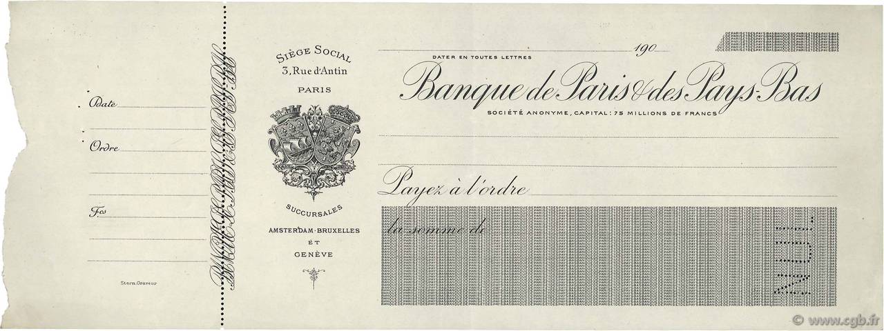 Francs Non émis FRANCE regionalism and various Paris 1900 DOC.Chèque VF