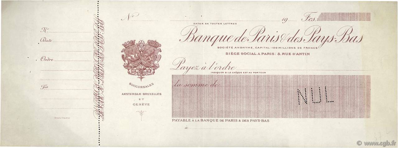 Francs Non émis FRANCE regionalism and miscellaneous Paris 1912 DOC.Chèque VF