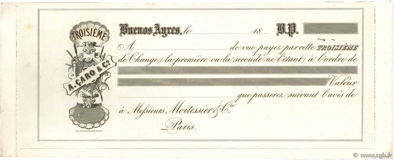 (B.P.) Épreuve FRANCE regionalism and miscellaneous Buenos Ayres 1850 DOC.Chèque VF