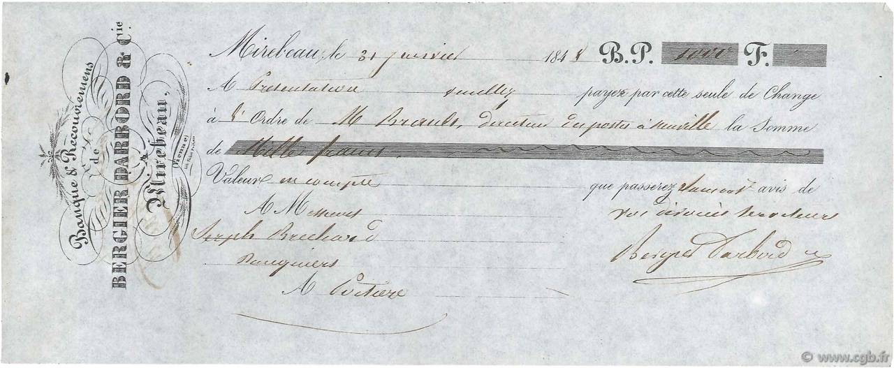 1000 Francs FRANCE régionalisme et divers Mirebeau 1848 DOC.Chèque SUP