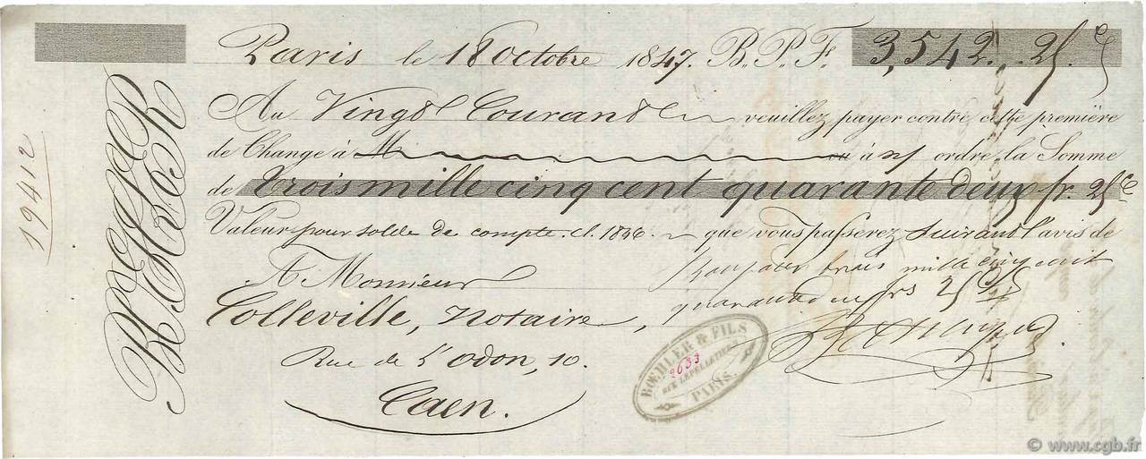 3542,25 Francs FRANCE regionalismo y varios Paris 1847 DOC.Chèque EBC