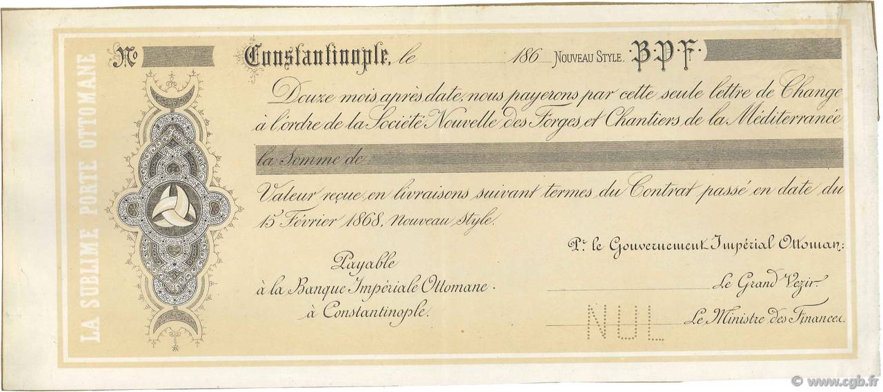 Francs Non émis FRANCE Regionalismus und verschiedenen Constantinople 1868 DOC.Chèque SS