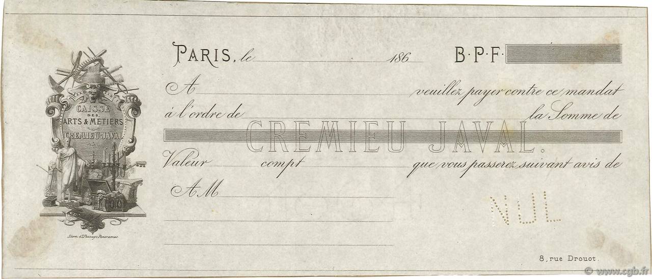 Francs Non émis FRANCE regionalism and miscellaneous Paris 1864 DOC.Mandat XF
