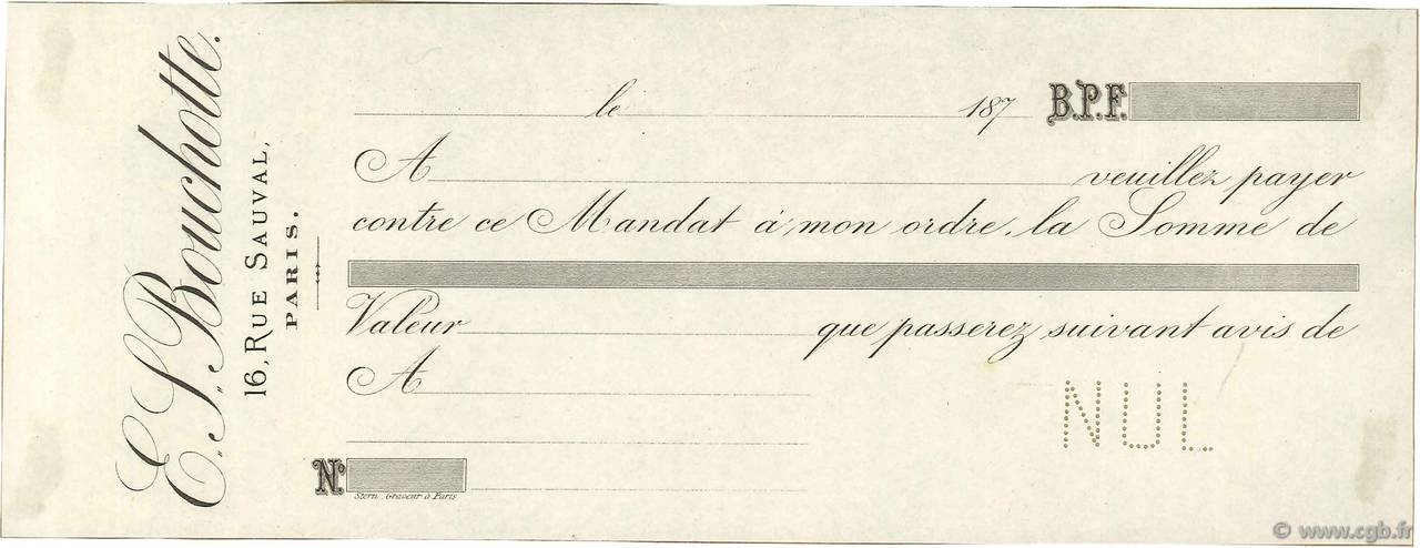 Francs Non émis FRANCE regionalism and various Paris 1870 DOC.Mandat XF