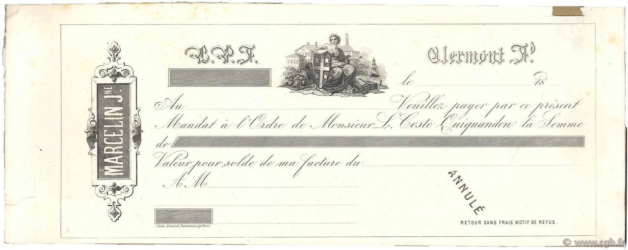 Francs Épreuve FRANCE régionalisme et divers Clermont-Ferrand 1850 DOC.Mandat TTB