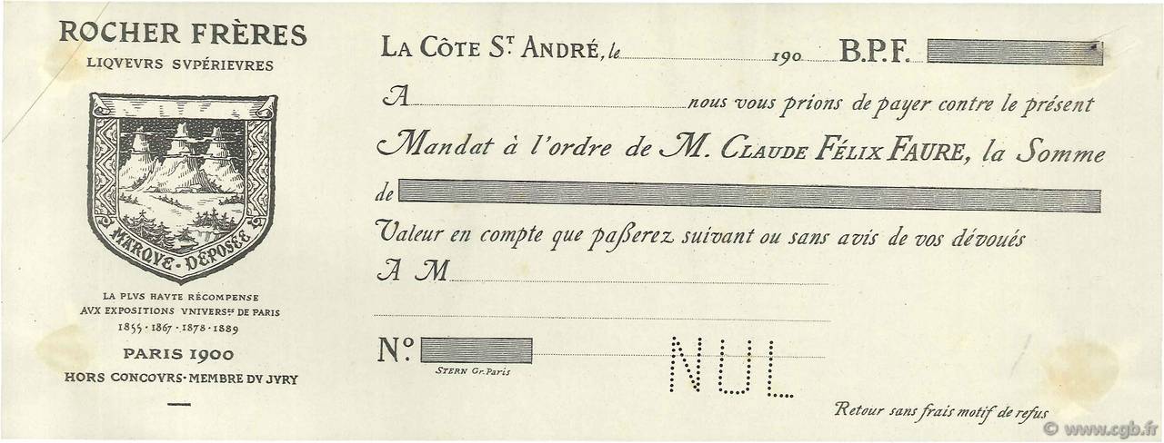 Francs Non émis FRANCE regionalismo e varie La Côte St André 1900 DOC.Mandat BB