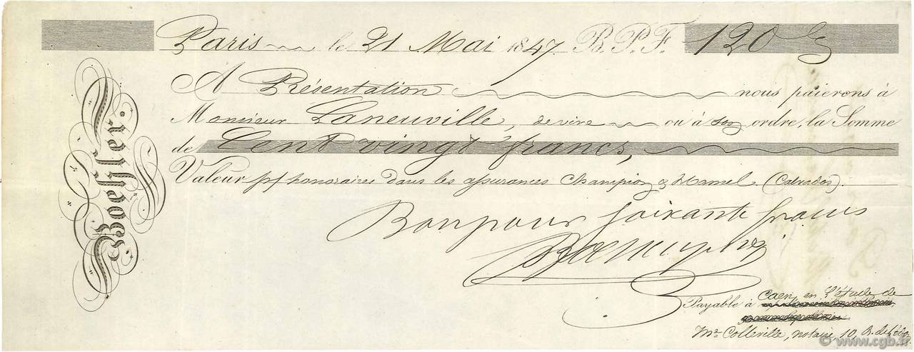 120 Francs FRANCE regionalism and various Paris 1847 DOC.Chèque XF