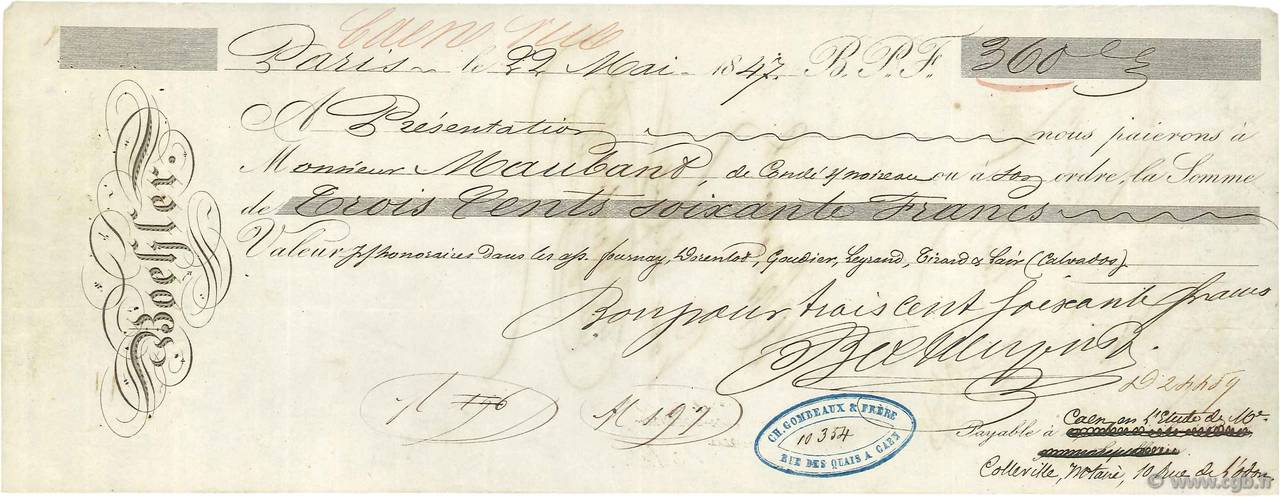 360 Francs FRANCE Regionalismus und verschiedenen Paris 1847 DOC.Chèque SS