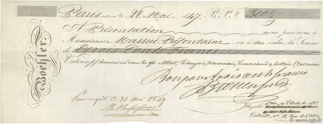 300 Francs FRANCE Regionalismus und verschiedenen Paris 1847 DOC.Chèque SS