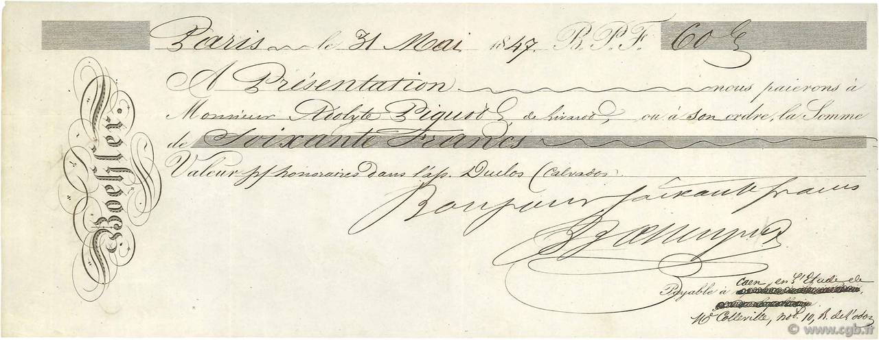 60 Francs FRANCE regionalism and various Paris 1847 DOC.Chèque VF