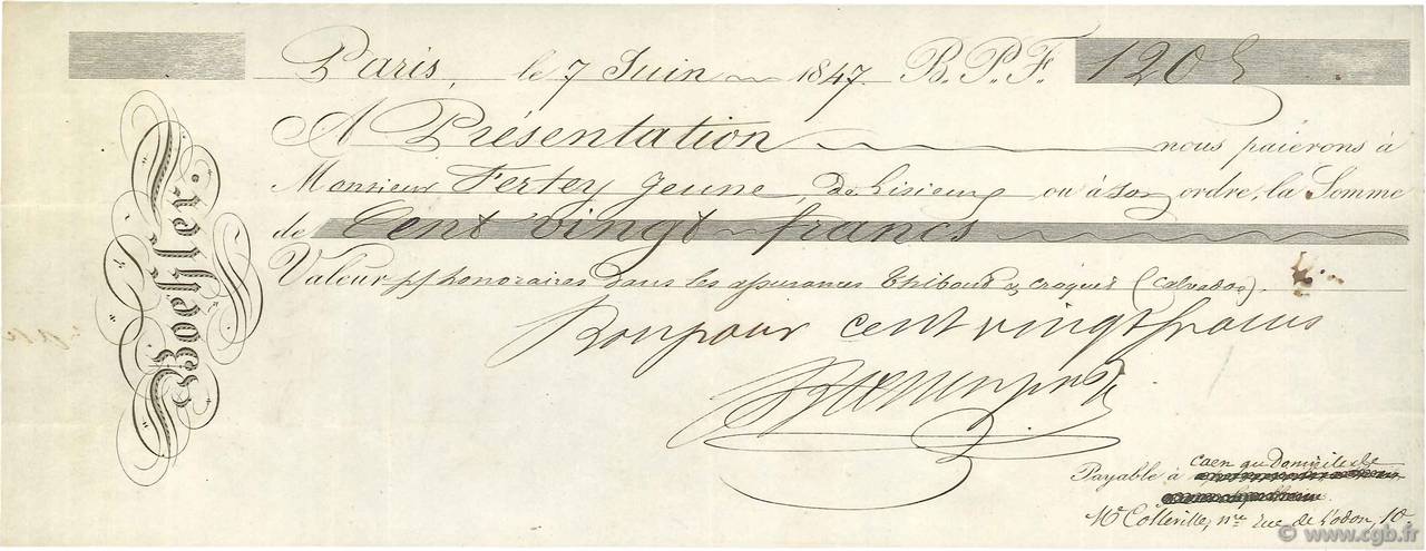 120 Francs FRANCE regionalismo y varios Paris 1874 DOC.Chèque MBC