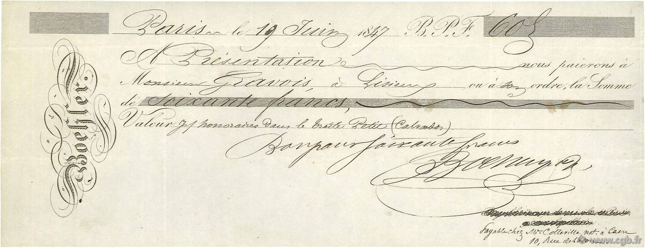 60 Francs FRANCE Regionalismus und verschiedenen Paris 1847 DOC.Chèque SS