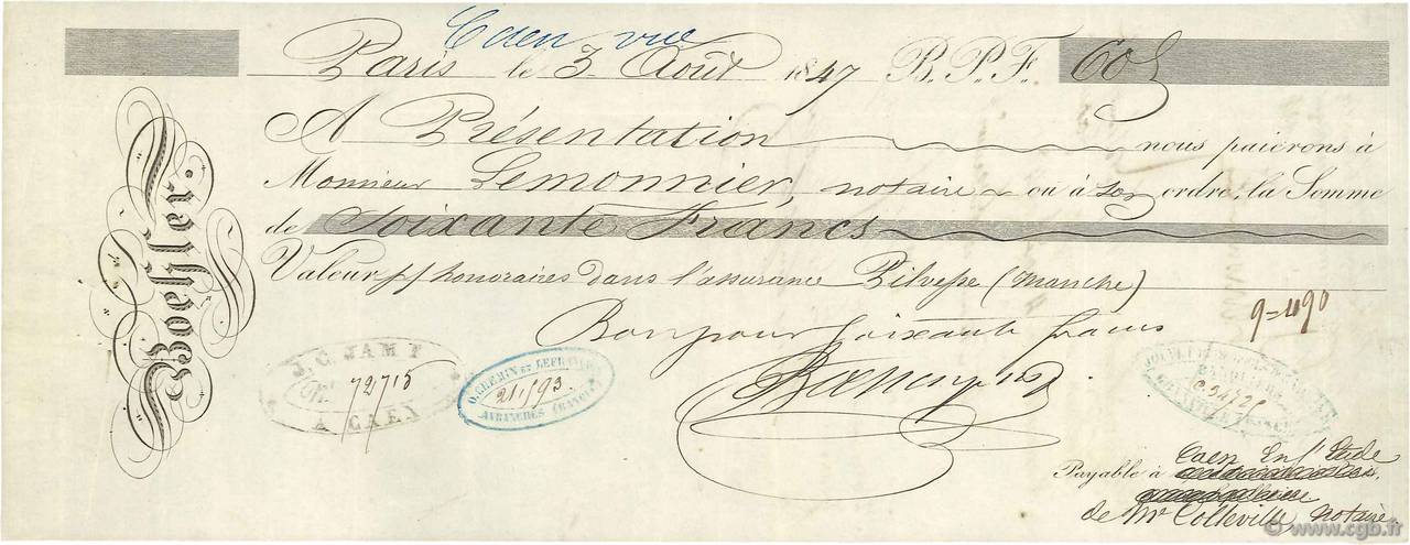 60 Francs FRANCE Regionalismus und verschiedenen Paris 1847 DOC.Chèque SS