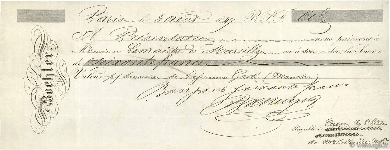 60 Francs FRANCE regionalism and miscellaneous Paris 1847 DOC.Chèque VF